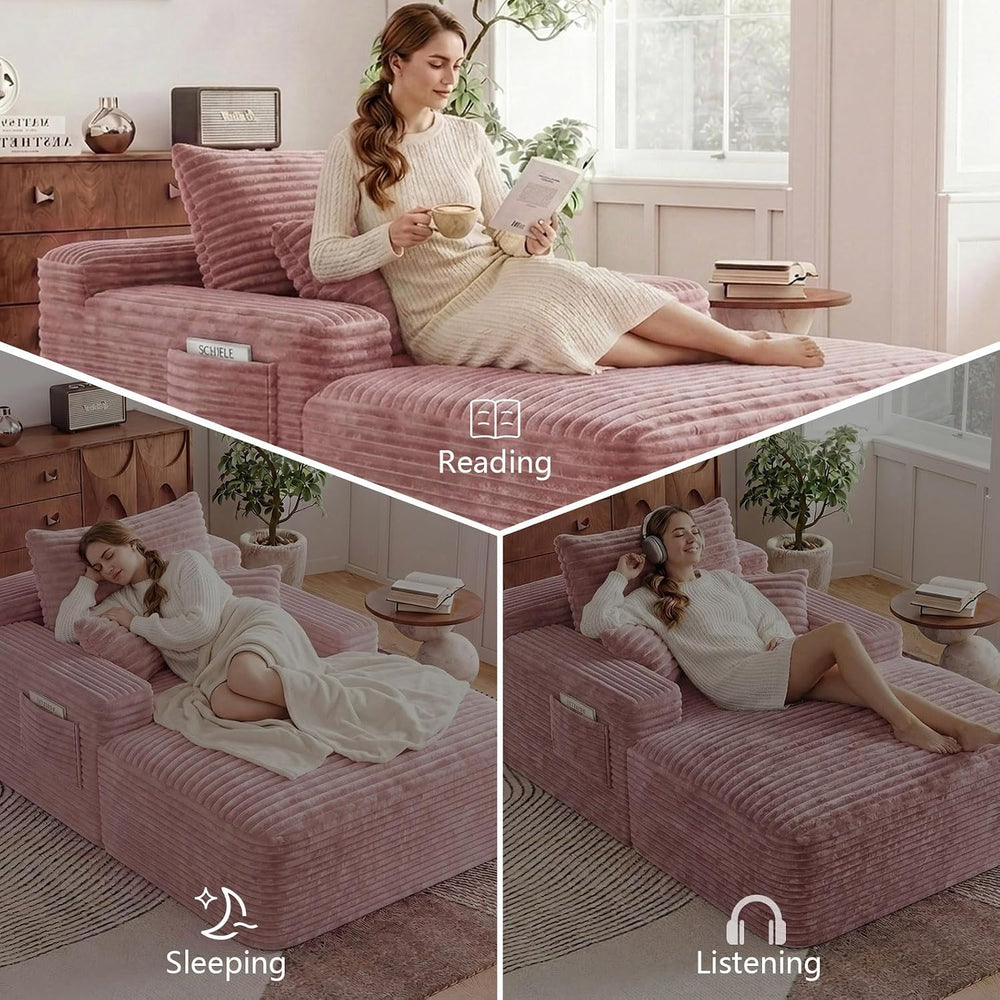 65" Oversized Boneless Chaise Lounge Chair Indoor with 3 Pillows, Pink