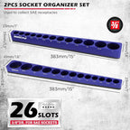 2-Piece 3/8"-Drive SAE Magnetic Socket Organizer Set (Holds 26 Sockets) - Detachable Tool Tray with 5mm Magnetic Base, Screw-Fixed Design & Heavy-Duty Modular Storage for Garage/Home Workshop