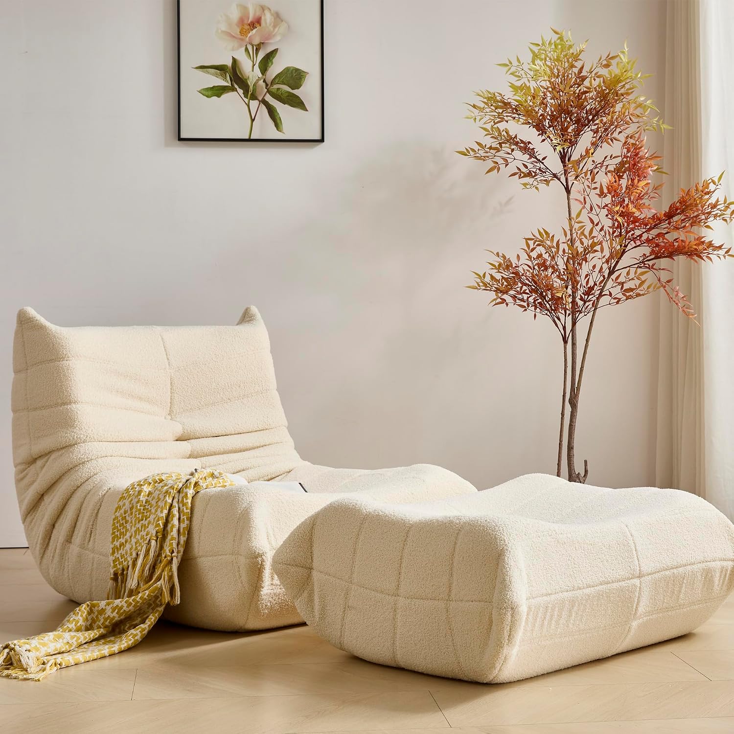 Dineli Bean Bag Chairs for Adults, Beanbag Chair with Ottoman Lounge Sofa Memory Foam Comfy Reading Chair for Bedroom & Living Room, Lazy Floor Sofa Couch (White, with Ottoman)