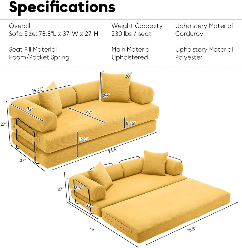 ZEIINPA Convertible Floor Sofa Bed with Fixed-Shape Frame, Modular Corduroy Folding Mattress Couch with Armrest, Floor Sofa Lounge Couch for Living Room Bedroom Lounge Studio -Yellow