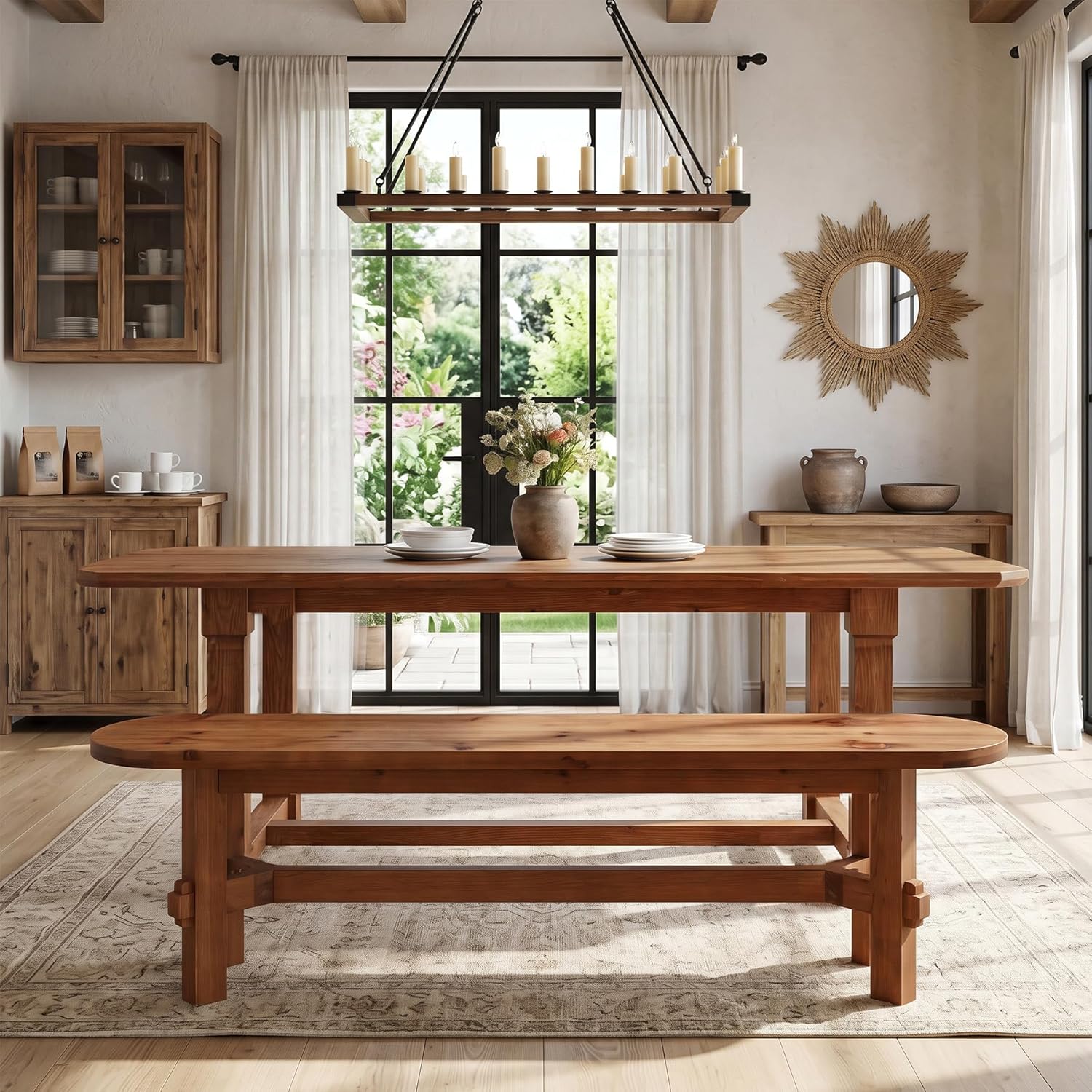 Solid Wood Dining Bench, 55" Wooden Entryway Bench with Thick Block Seat, Farmhouse Rustic Indoor Bench for Dining Table, End of Bed, Hallway, Bedroom, Living Room