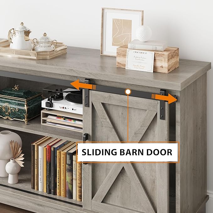 IDEALHOUSE Farmhouse Tv Stand for 65 inch TVs, Entertainment Center with Sliding Barn Doors and Adjustable Shelf, Modern Storage Media TV Console TV Stand Table for Living Room, Bedroom, Grey