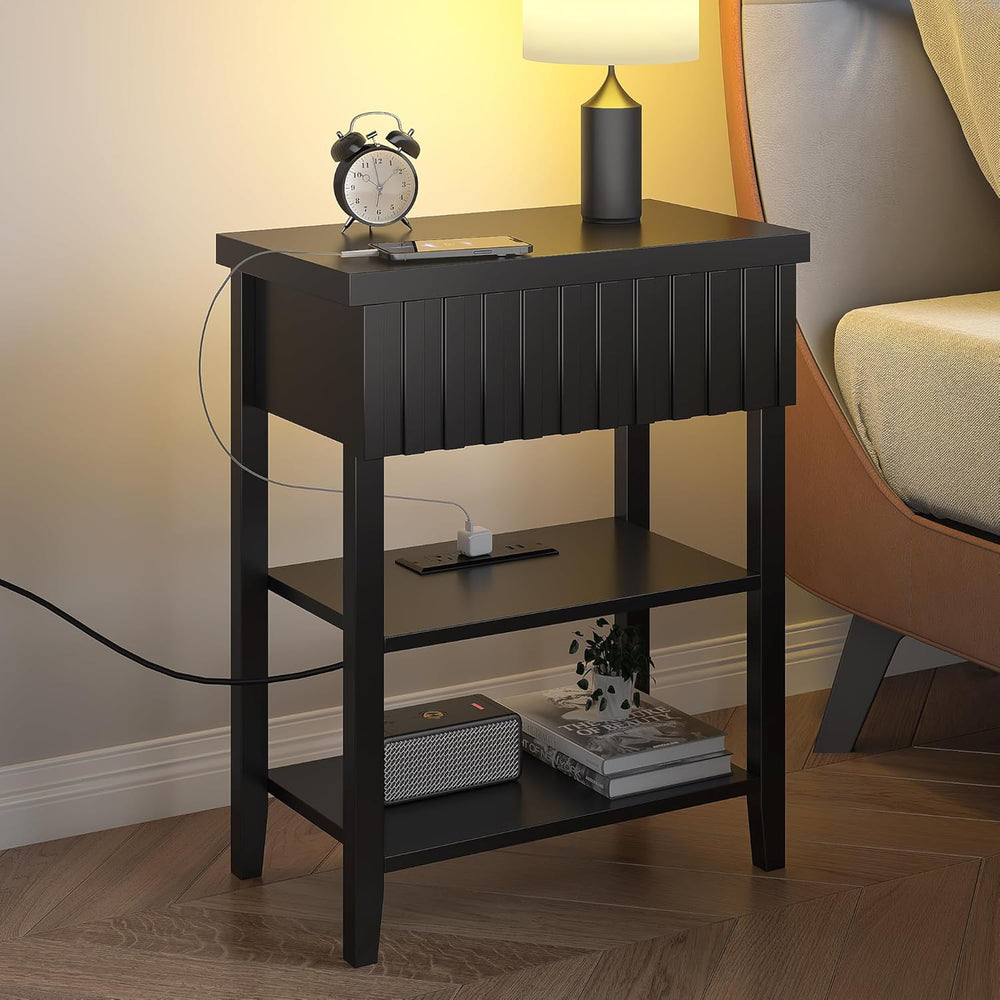 3imothrix Narrow End Table with Charging Station, Fluted Side Table with Draw...