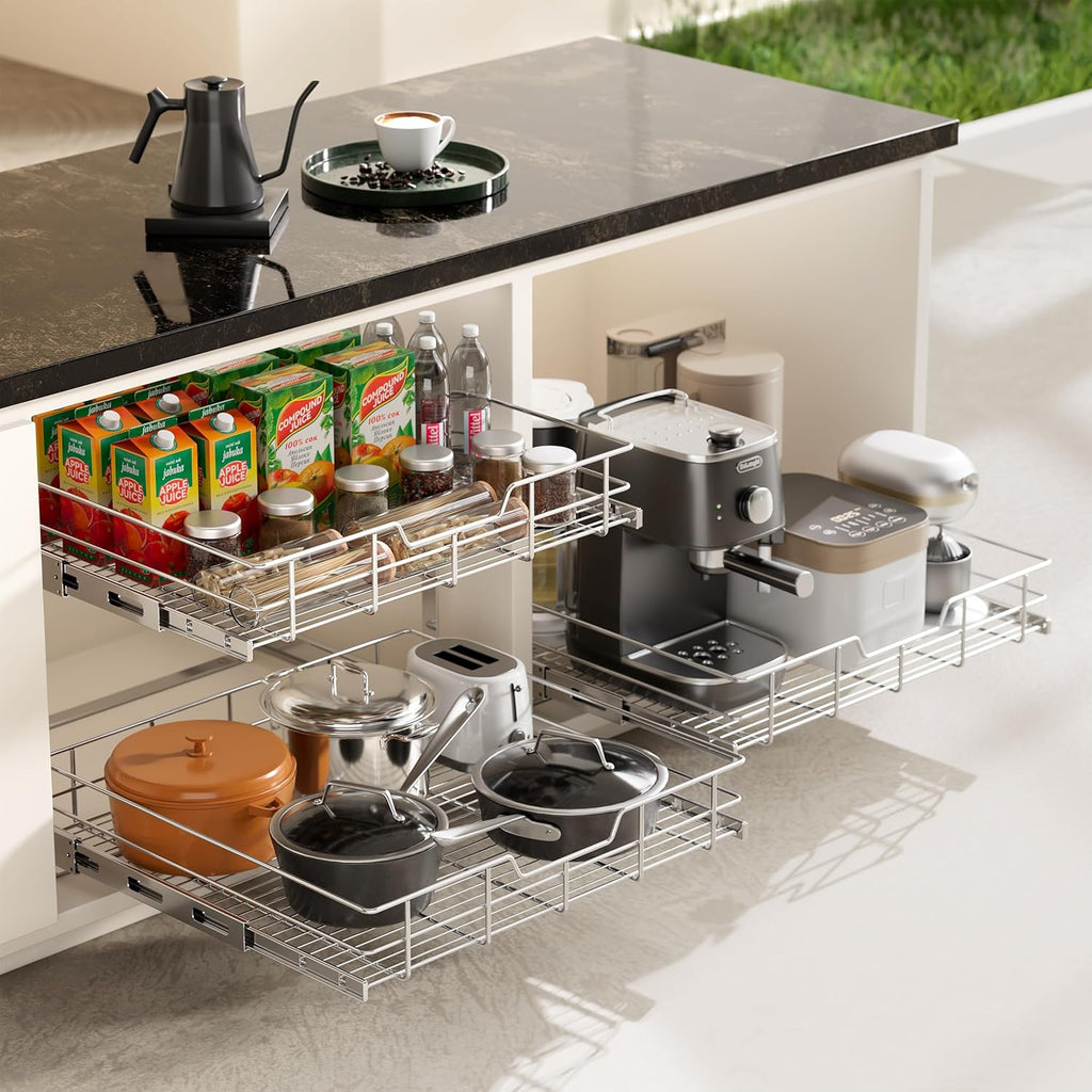 2 Tier Pull Out Cabinet Organizer 24" W X 22" D, Chromed, Full Slide Out | For Kitchen Organizers and Storage, Pull Out Drawers For Cabinets Capacity Heavy Duty Caddy, Cabinet Shelves, Bathroom Pantry