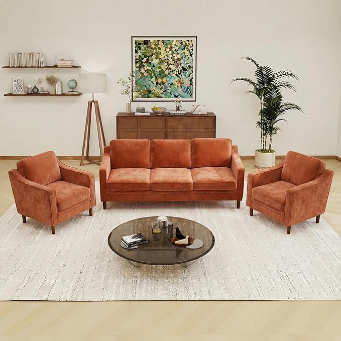 Kingfun Living Room Furniture Sets, 3 Seater Couch and 2 Armchair, Mid Century Modern Sofa Set, Chenille Couch with Solid Wood Frame for Living Room & Bedroom, Orange