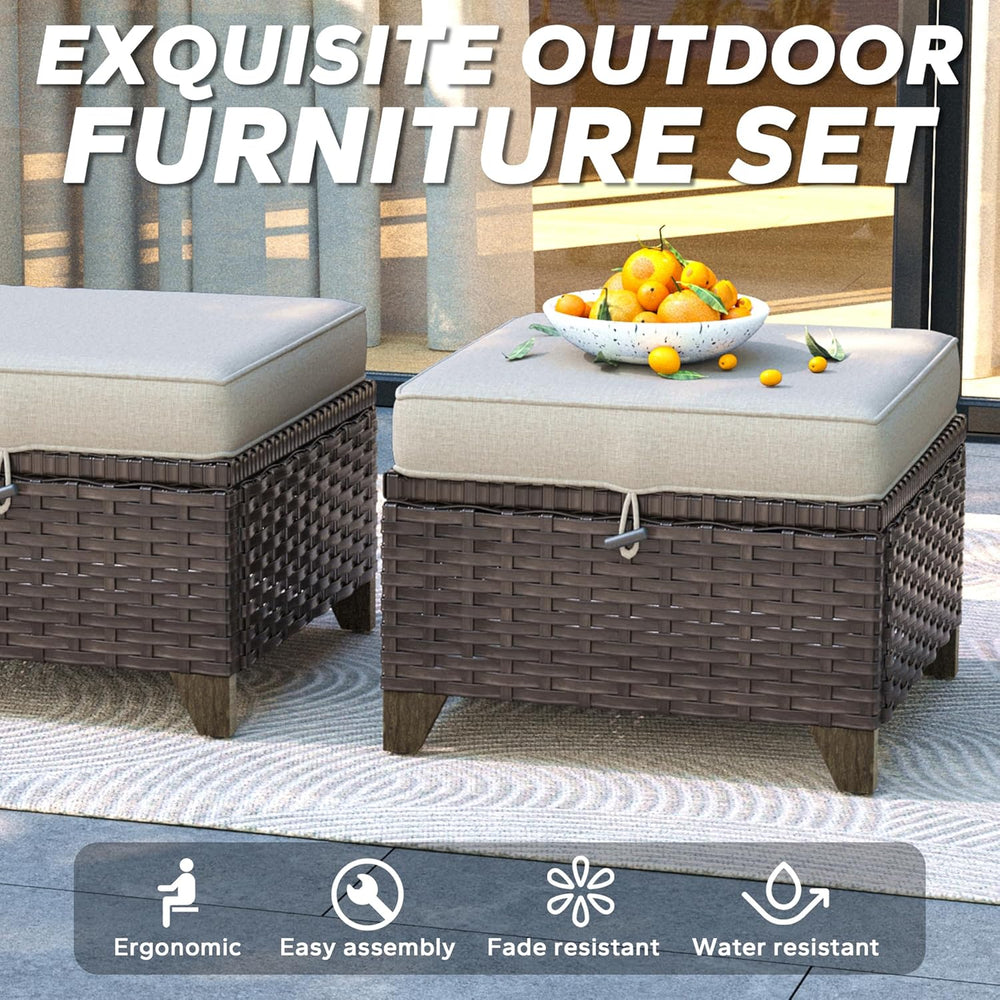 2 Pieces Patio All-Weather Wicker Ottomans with Cushions, PE Rattan Outdoor C...