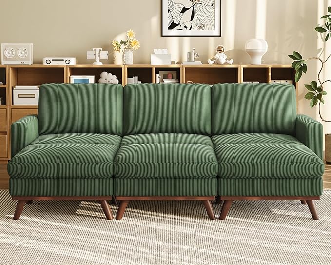 Vesgantti 97" Modular Sectional Sofa Green, Sectional Couch with Movable Ottoman, Comfy Corduroy Couch with Spring Cushion, Modular Sofa with Deep Seat for Living Room, Bedroom and Apartment