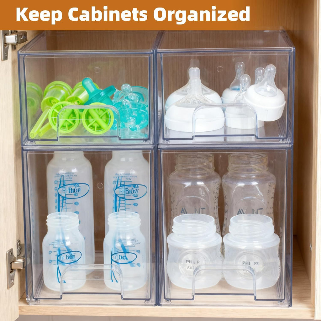 Baby Bottle Organizer, Stackable Storage Drawers with Label, Clear Station Organizers Container for Pacifiers, Pump Parts, Desk Organizer Bins for Bathroom, Cabinet, Pantry, Vanity, Countertop, 4 Pack