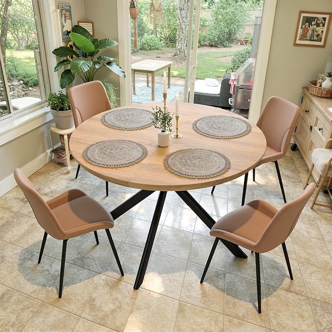 47.2" 5-Piece Round Dining Table Set for 4, Modern Wood Dining Table with 4 Upholstered Chairs, Kitchen & Dining Room Table Set with Metal Base for Apartment, Small Space, Natural Table+4 Brown Chairs