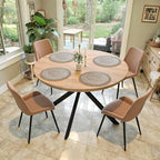 47.2" 5-Piece Round Dining Table Set for 4, Modern Wood Dining Table with 4 Upholstered Chairs, Kitchen & Dining Room Table Set with Metal Base for Apartment, Small Space, Natural Table+4 Brown Chairs