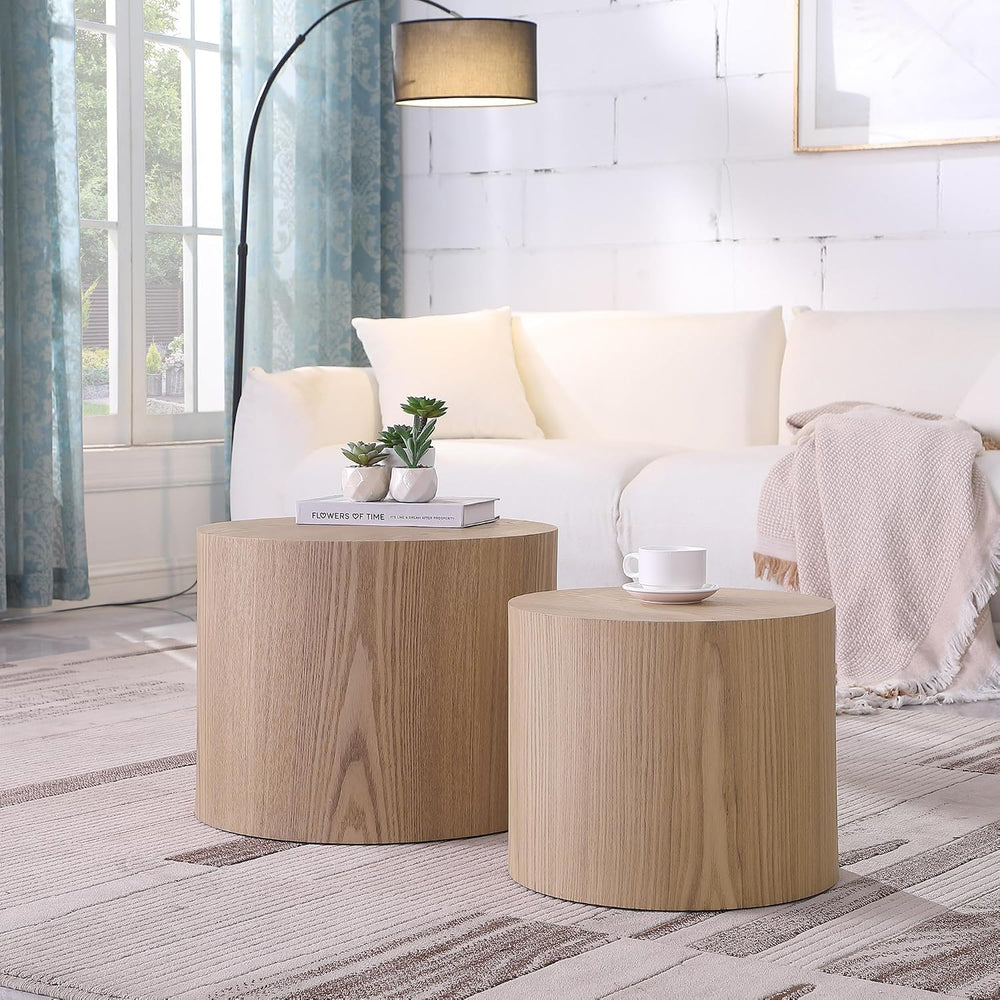 Black Round Nesting Coffee Table Set of 2, Modern Wood Side Table Full Assemb...