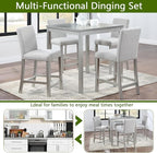 KEIKI 5-Piece Counter Height Dining Table Set with Square Table and 4 Upholstered Chair, for 4 Person, Classic Crystal Decoration Wooden Table Set, Easy Assembly, for Kitchen, Dining Room, Silver Grey