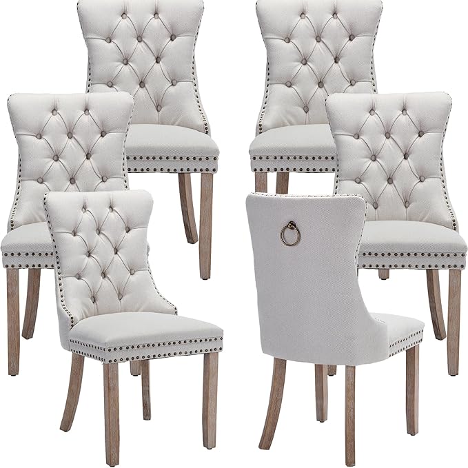Modern Dining Chairs Set of 6, Tufted Upholstered Dining Chairs with Solid Wood Legs, Beige Linen Fabric Kitchen Chair, Sillas de Comedor, Comfy Kitchen Chair (Beige, Linen, 6Pcs)