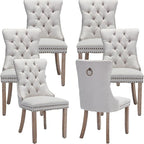 Modern Dining Chairs Set of 6, Tufted Upholstered Dining Chairs with Solid Wood Legs, Beige Linen Fabric Kitchen Chair, Sillas de Comedor, Comfy Kitchen Chair (Beige, Linen, 6Pcs)