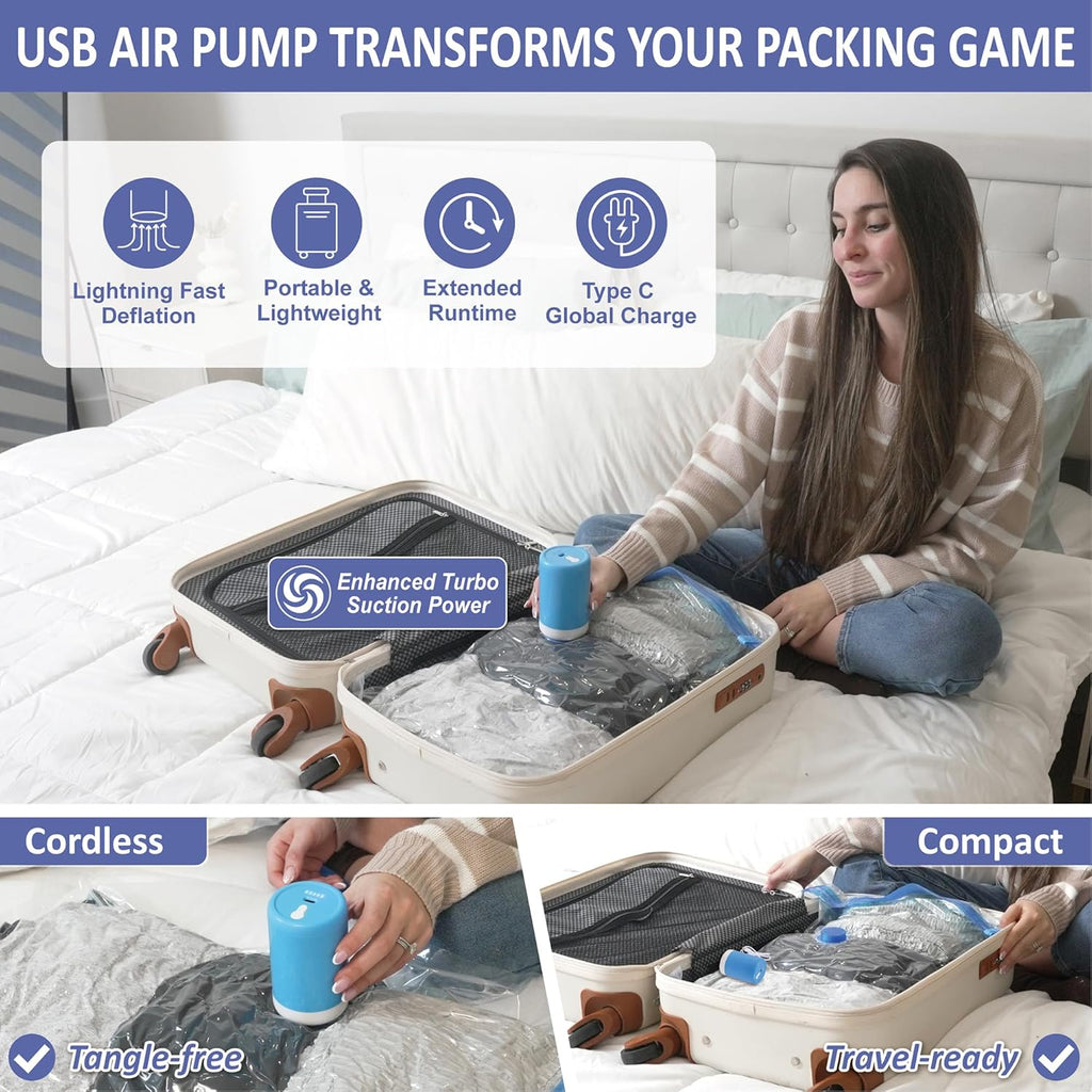 15 Pack Travel Vacuum Storage Bags with Rechargeable Wireless Electric Pump for Luggage, Suitcase, Carry-on Size Vacuum Seal Compression Space Saver Bags for Clothes and Clothing Travel