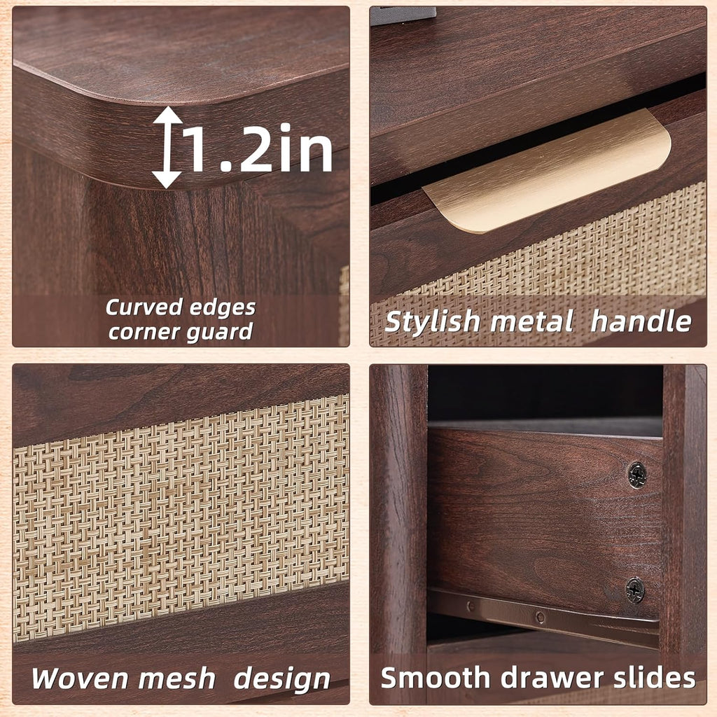 LEYAOYAO Rattan Night Stand with Charger Station, 23" Large 3 Drawer Boho Nightstand, Walnut Bedside Table Storage Cabinet, Bed Side End Tables for Bedroom, Living Room, Hallway