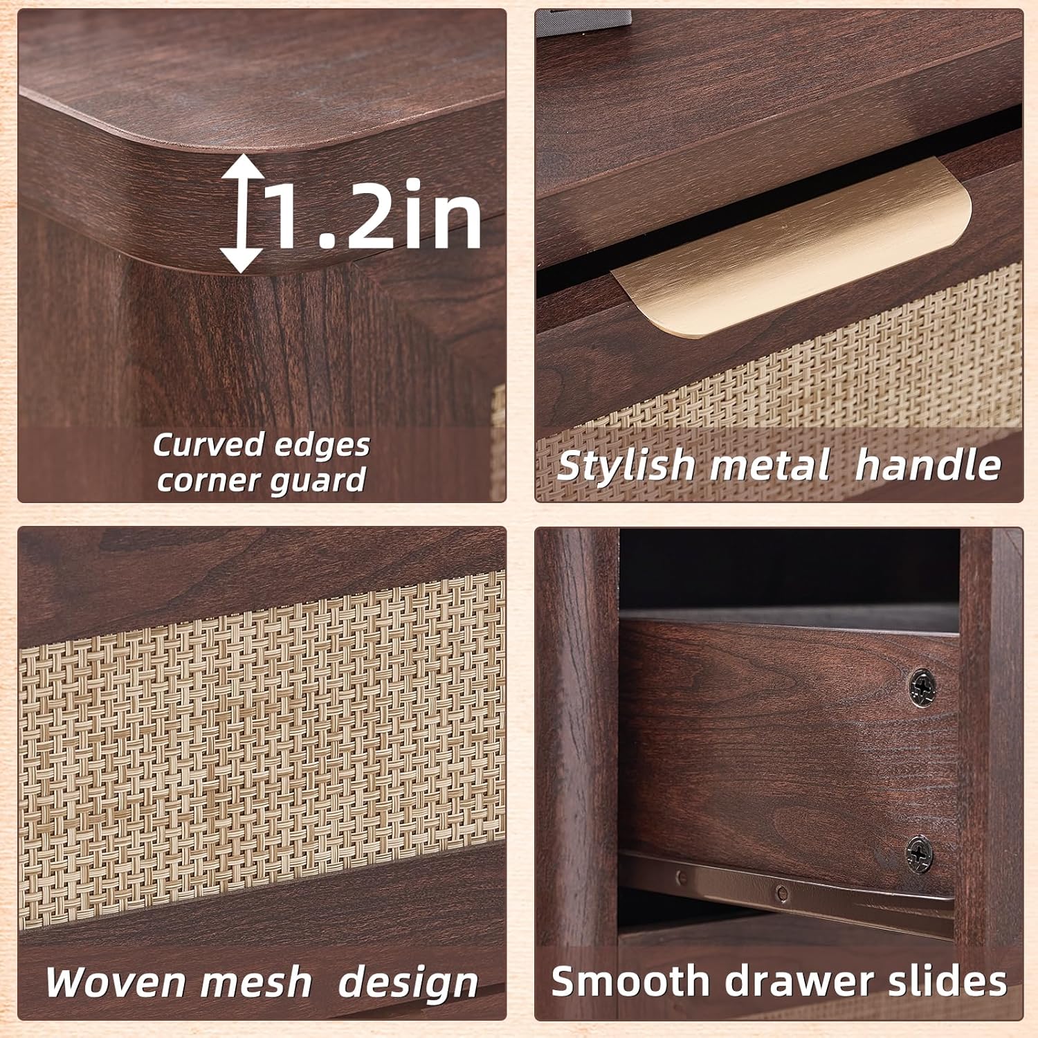 LEYAOYAO Rattan Night Stand with Charger Station, 23" Large 3 Drawer Boho Nightstand, Walnut Bedside Table Storage Cabinet, Bed Side End Tables for Bedroom, Living Room, Hallway