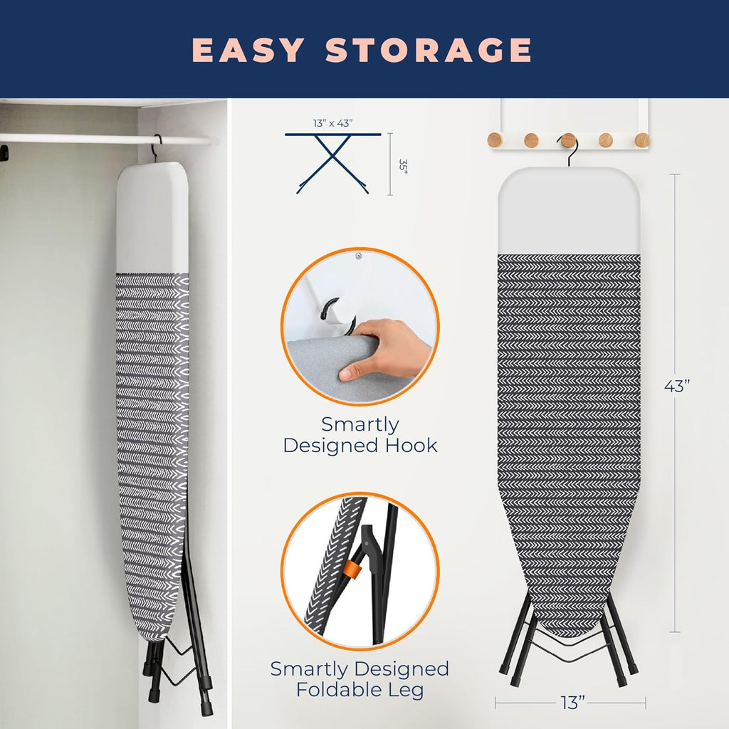 Happhom Ironing Board, Compact and Space Saver Iron Board, Safety Ironing with Park Zone and 4 Layers Extra Thick Cover, Patented Lock System for Foldable Leg, Easy Storage with Smart Hanger (13x43)