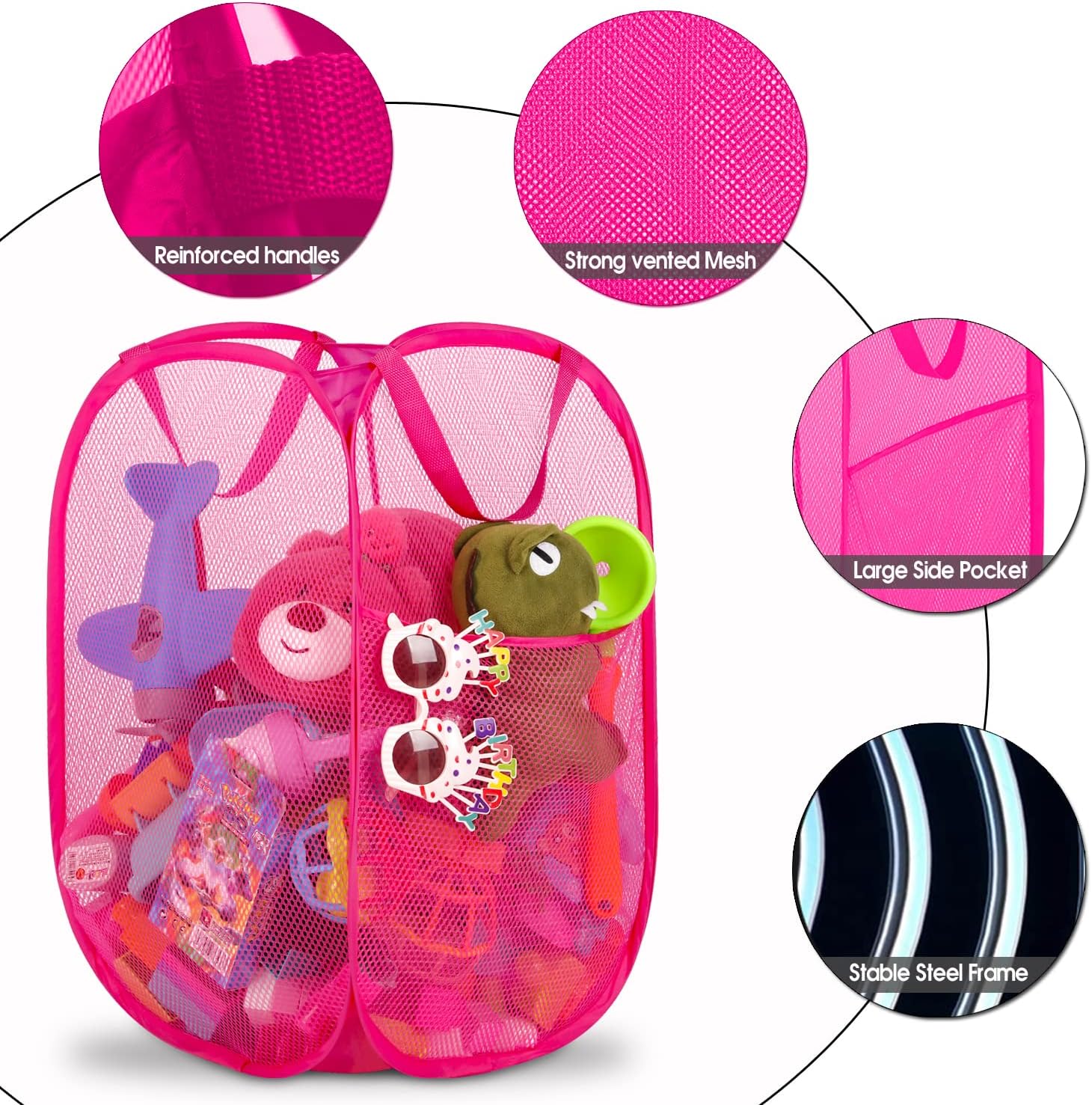 BATTOO Deluxe Strong Mesh Pop up Laundry Hamper Basket with Side Pocket for Laundry Room, Bathroom, Kids Room, College Dorm or Travel 3 Pack Blush
