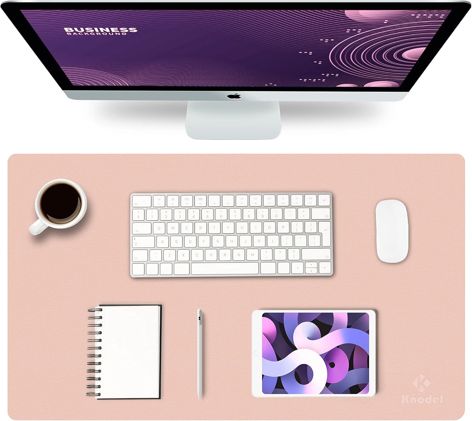 K KNODEL Small Office Leather Desk Mat, Mouse and Keyboard Pad, Computer and Laptop Mat, Desktop Protector and Cover, Writing Pad and Blotter (23.6"x13.8", Pink)
