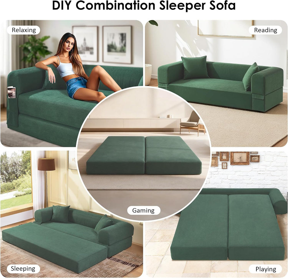 80" Cloud Sleeper Sofa Bed Pull Out Couch, Corduroy Sofa with Side Stora...