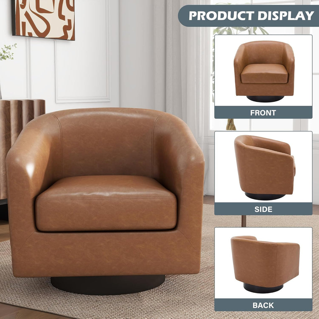 Faux Leather Swivel Barrel Accent Chairs Set of 2, Modern Upholstered Armchair Club Chair for Living Room, Round Arm Chair Bedroom Single Sofa Reading Seat - Brown
