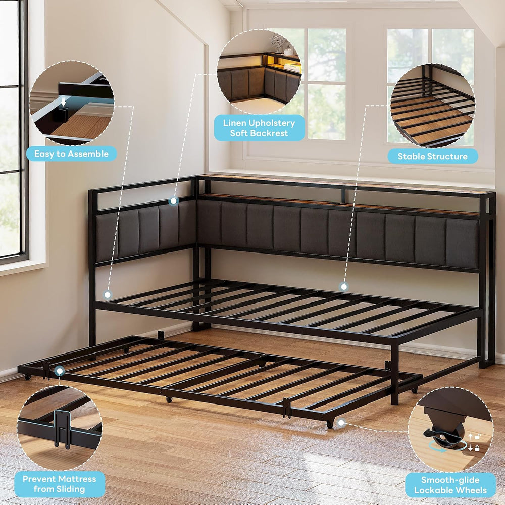 LIKIMIO Full Daybed with Trundle, Charging Station & LED, Black