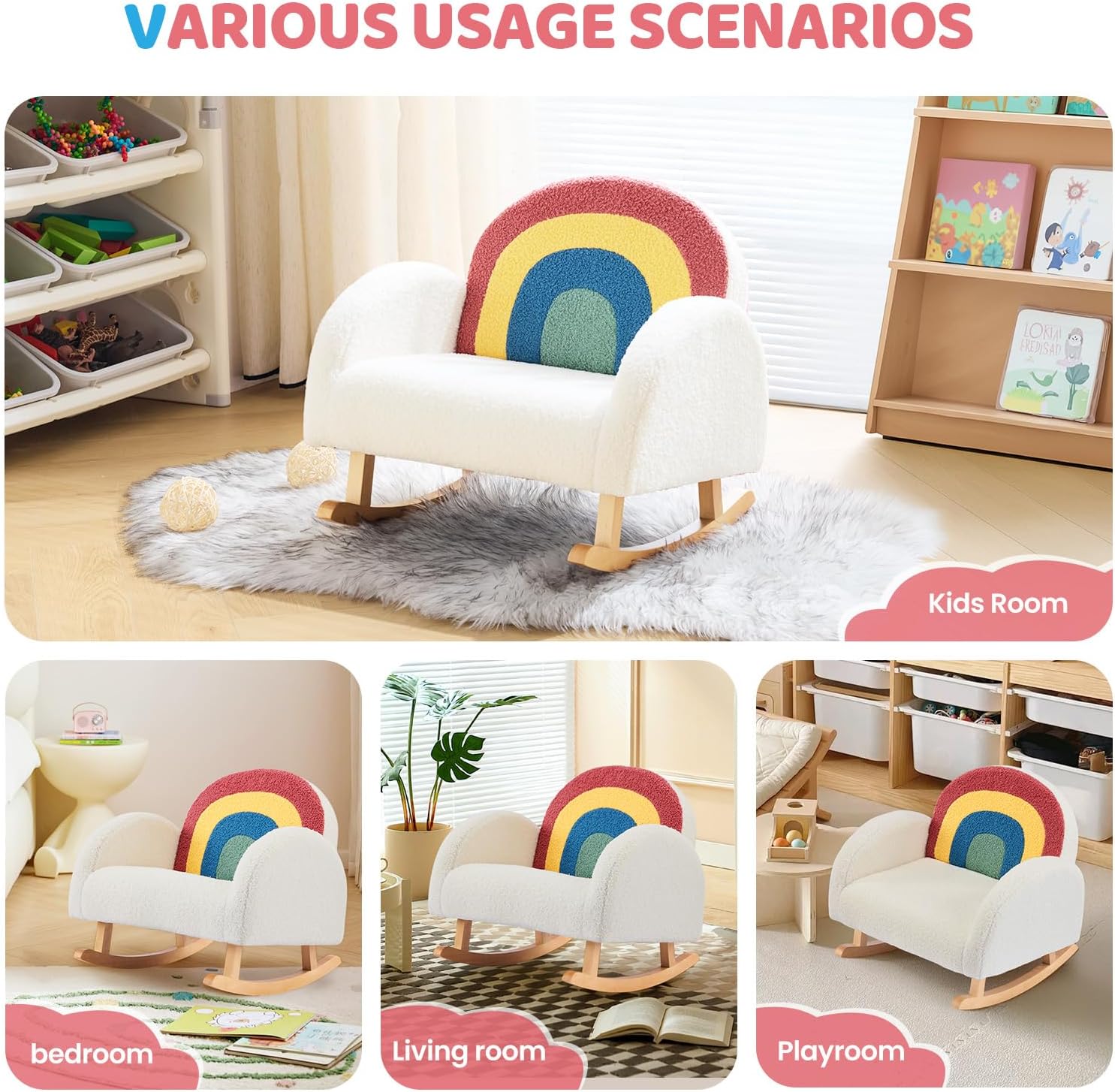 JOYMOR Kids Chair, Teddy Fleece Toddler Rocking Chair with Solid Wood Legs, Anti-Tip Design, Kids Sofa for Nursery, Playroom, Rainbow