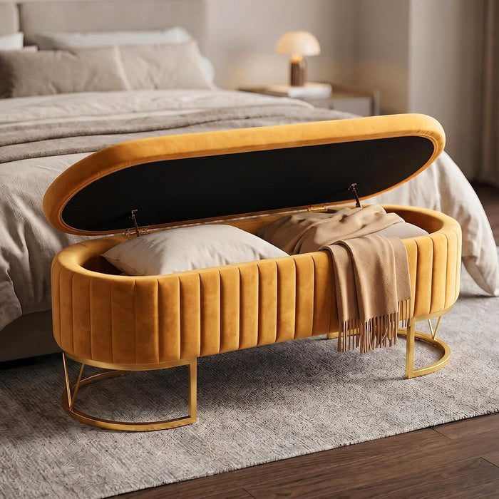 Storage Bench Bedroom Bench, Velvet Oval Upholstered End of Bed Bench with Golden Metal Legs, 46” Modern Storage Ottoman Bench for Bedroom, Living Room, Entryway, Window, Mustard