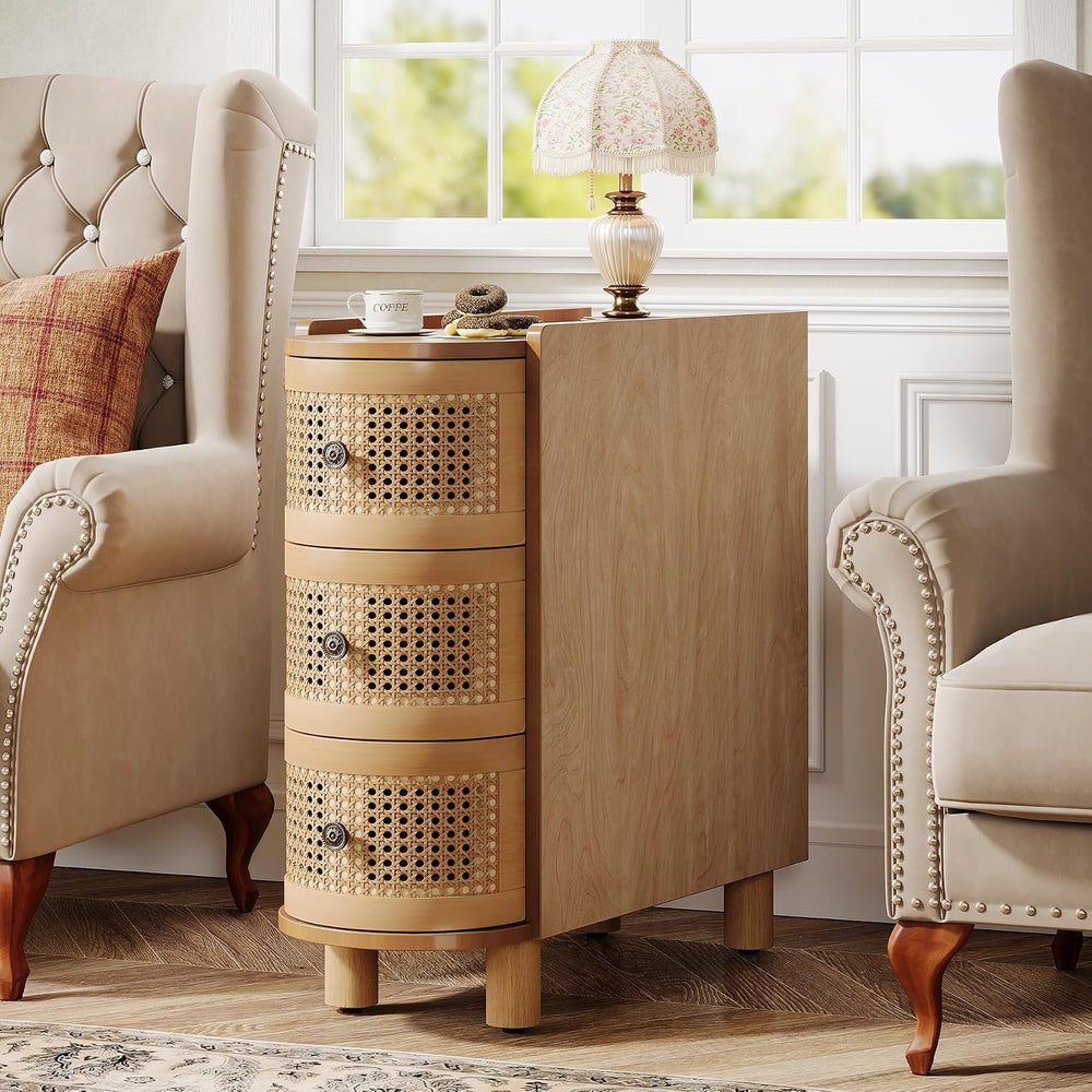 Tribesigns 3-Drawer Rattan End Table, Sofa Side Table with Vintage Embossed H...