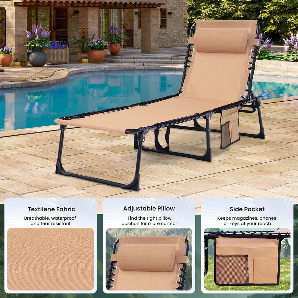 2 Pack Outdoor Folding Chaise Lounge 5-Position Adjustable Recliner 400LB Hea...