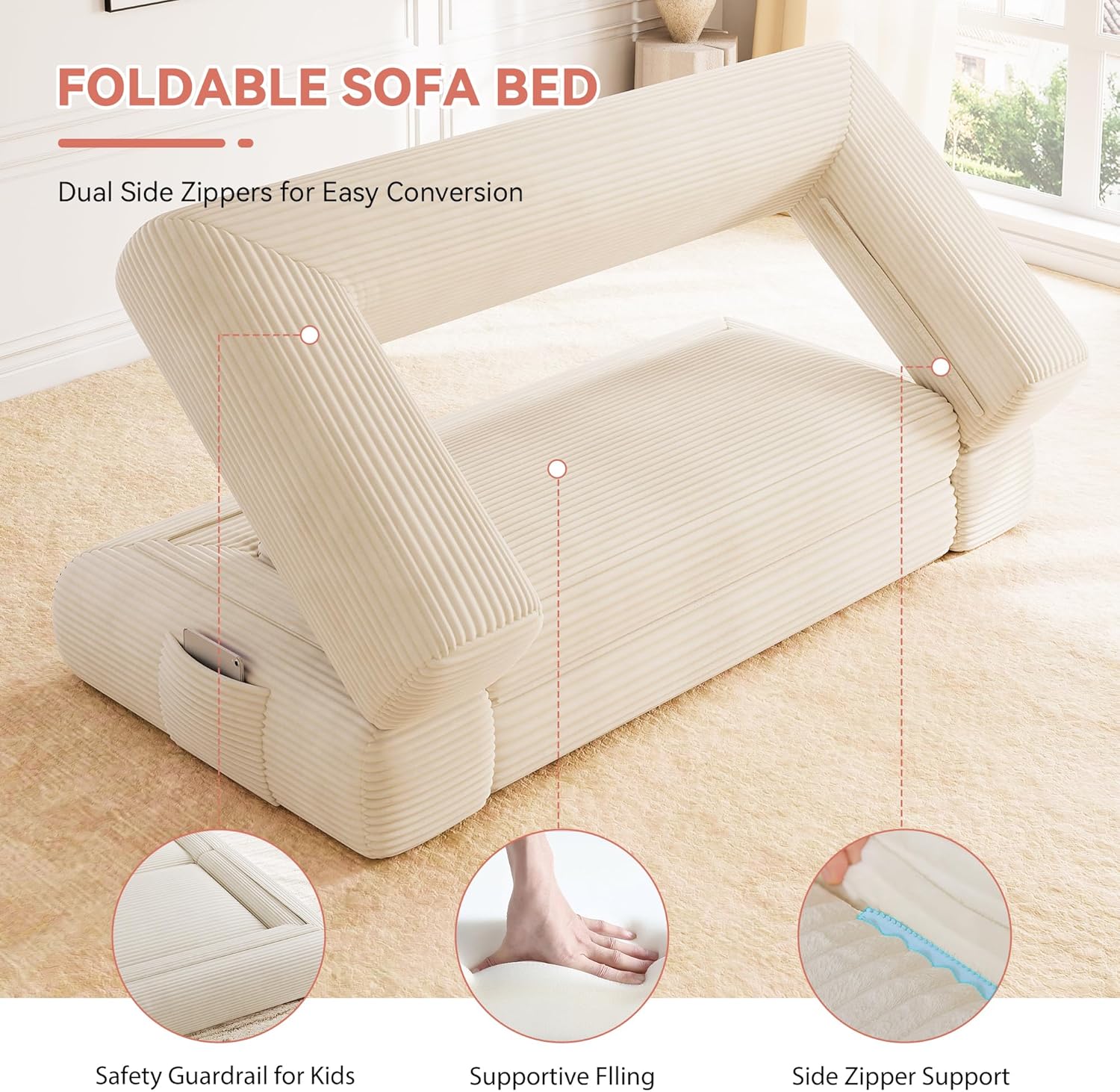 Jocoevol 4-in-1 Convertible Folding Sofa Bed, 78"W x 68"L Queen Size Foldable Sleeper Sofa Bed, Wide Corduroy Upholstery, Boneless Mattress Couch with Armrests & Neck Pillow for Living/Bedroom, Beige