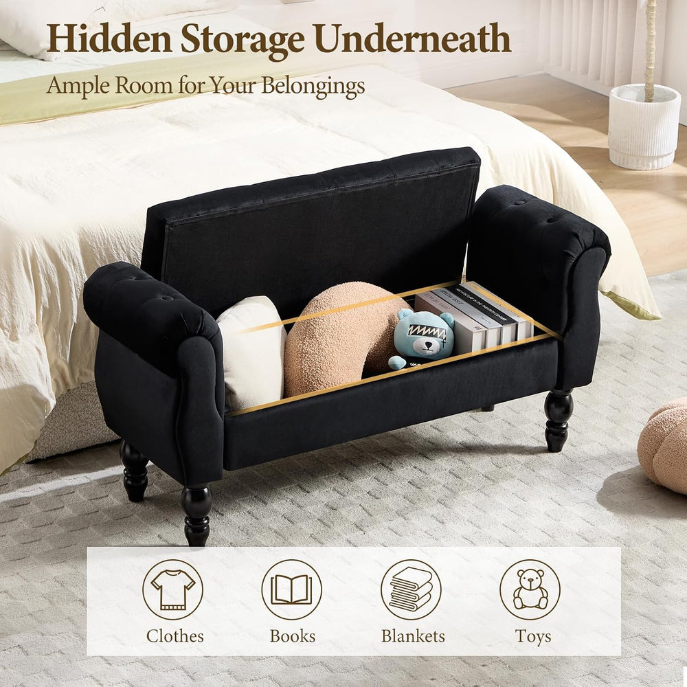 47″ Storage Bench with Arms End of Bed Bench,Velvet Entryway Bench with Stora...
