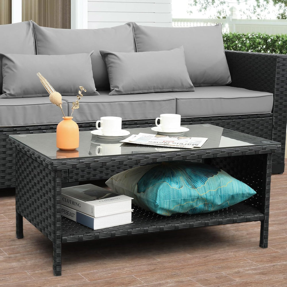 Outdoor Wicker Coffee Table Patio Furniture Garden Rattan 2-Layer Glass Table...