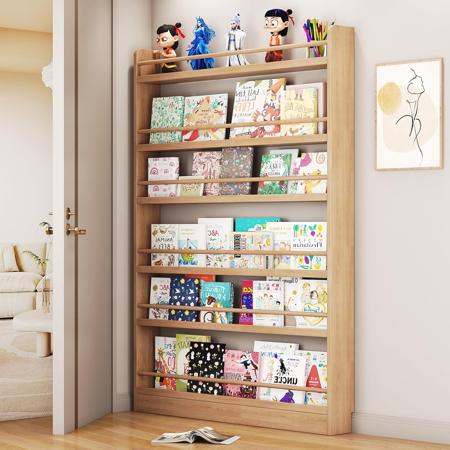 Behind The Door Bookshelf, 6-Tier Wooden Bookcases with Open Display Shelves, Behind The Door Storage Organizer for Toys and Books, Space-Saving Wall Mount Narrow Book Shelf
