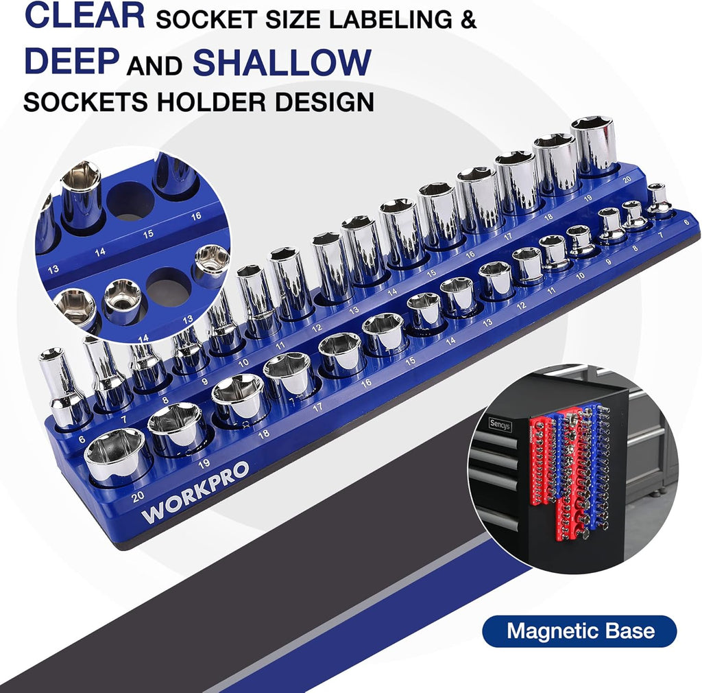 WORKPRO Magnetic Socket Organizer Set, 4-Piece Socket Holder Set Includes 1/4", 3/8" Drive Metric & SAE Socket Trays, Holds 108 Pieces Standard and Deep Size Sockets (Sockets not Included)