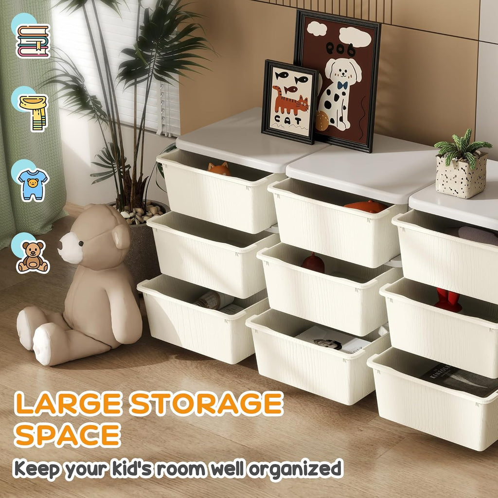 Qaba 3 Tier Kids Storage Unit, 9 Drawer Chest Toy Organizer Plastic Bins for Kids Bedroom Nursery Kindergarten Living Room for Boys Girls Toddlers, Cream White