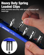 WORKPRO Magnetic Socket Organizer Set, 1/2" 3/8" 1/4" Drive Aluminum Alloy Socket Holder, 3PC Socket Rail with Removable Socket Clips, Socket Organizer Tray for Tool Box Drawer (Sockets Not Included)