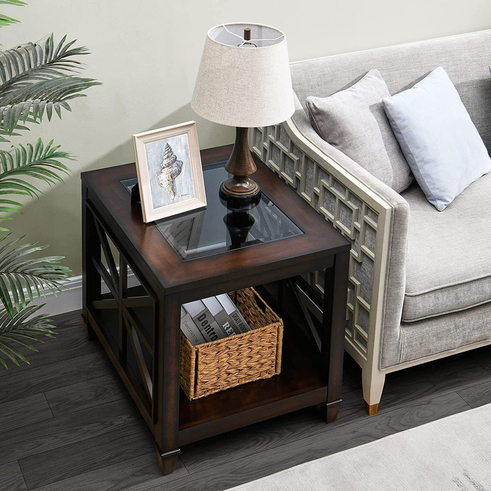Set of 2 Solid Wood End Tables with Tempered Glass Top, 28" x 24" L...