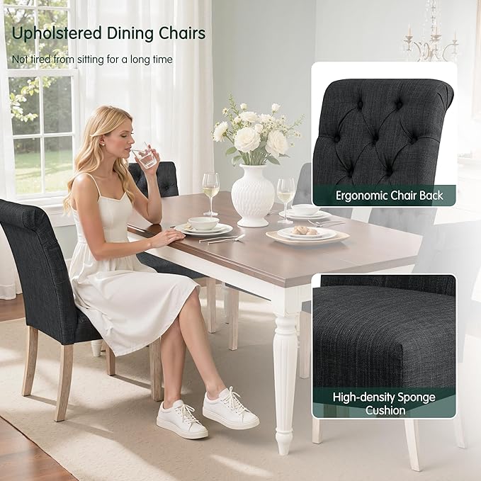CHUN YI Dining Chairs Set of 2, Button Tufted Upholstered Fabric Dining Room Chairs with Solid Wood Legs and Curved Back, Parsons Side Chairs for Kitchen, Dark Grey