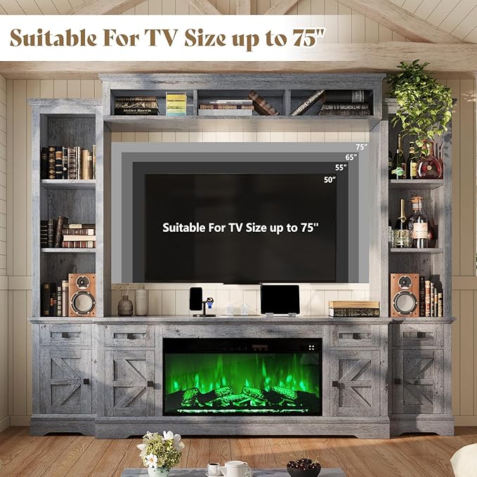 AMERLIFE 98in Farmhouse Entertainment Center with 36" Fireplace, TV Stand, Bookshelves, Wine Cabinet, Fits 75" TVs, Large Wall Unit Media Console with Power Outlets & Barn Doors, Living Room, Grey