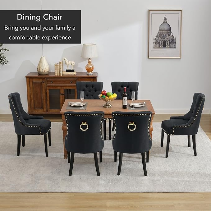 Modern Leisure Linen Dining Chairs Set of 2, Upholstered Dining Chair with Solid Wood Legs, Mid-Century Dining Room Chairs with Pull Ring and Tufted Backrest, Black