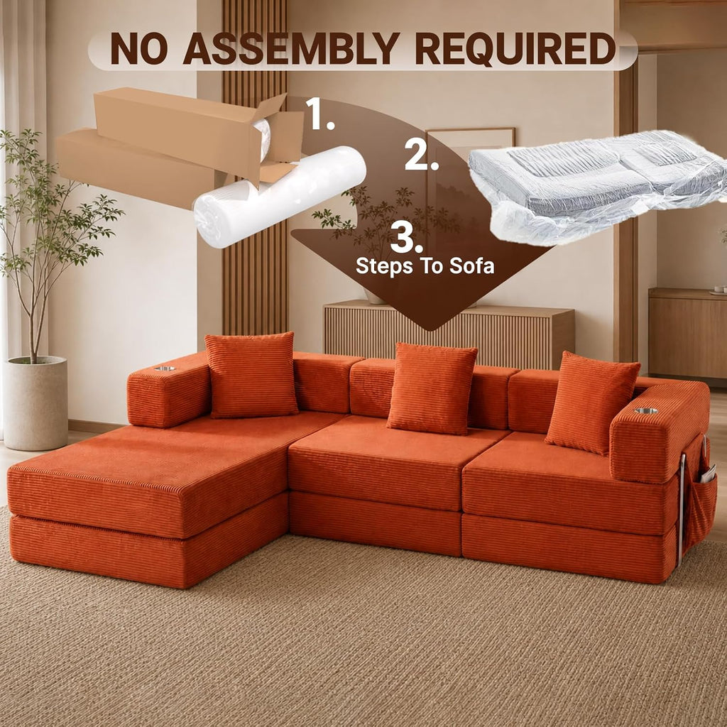Modular Sectional Sofa, 108" L-Shaped Couch with Deep Seat | Corduroy Boneless Cloud Cushion,Modular Sofa Bed with Fixed-Shape Frame for Living Room No Assembly Required (Orange)