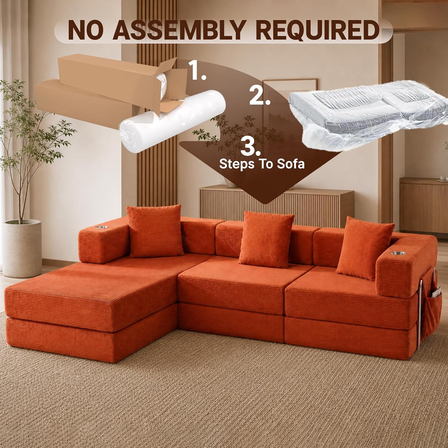 Modular Sectional Sofa, 108" L-Shaped Couch with Deep Seat | Corduroy Boneless Cloud Cushion,Modular Sofa Bed with Fixed-Shape Frame for Living Room No Assembly Required (Orange)