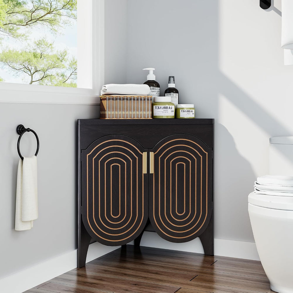 Small Corner Storage Cabinet, Mid Century Modern Floor Corner Cabinet with Cu...