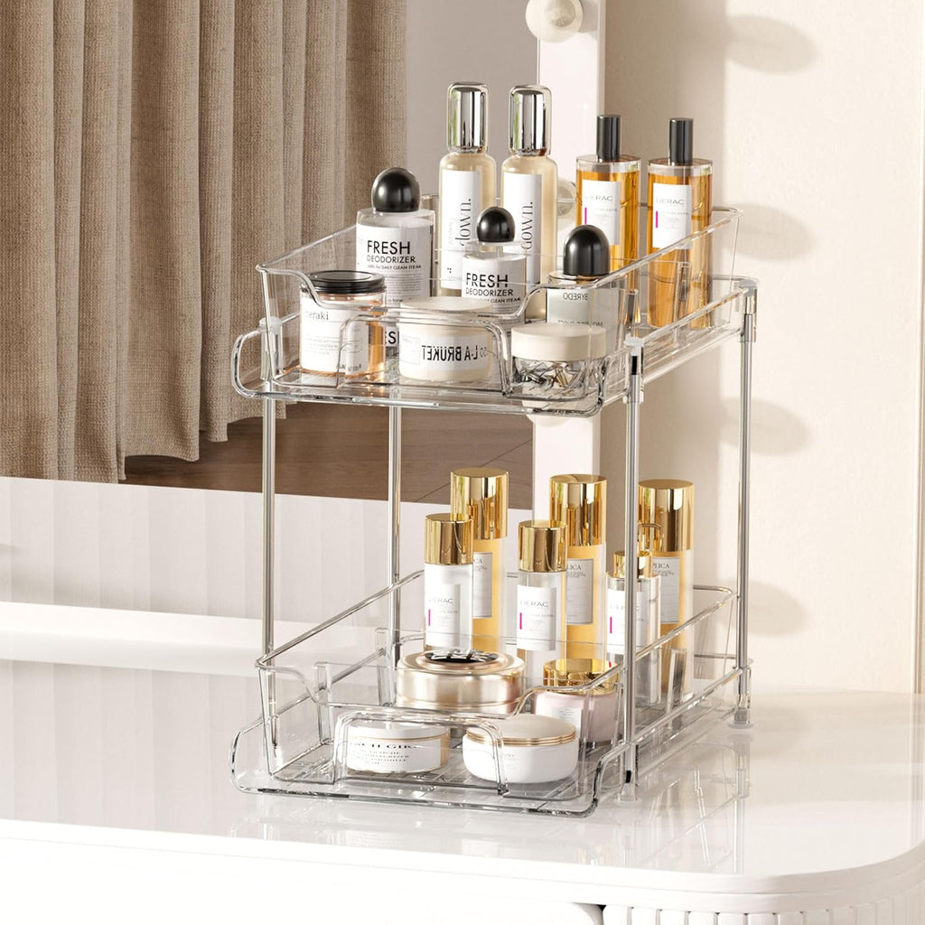 Vtopmart 4 Pack 2 Tier Bathroom Under Sink Organizers and Storage, Clear Kitchen Pantry Organization, Pull Out Medicine Cabinet Organizer with Movable Dividers