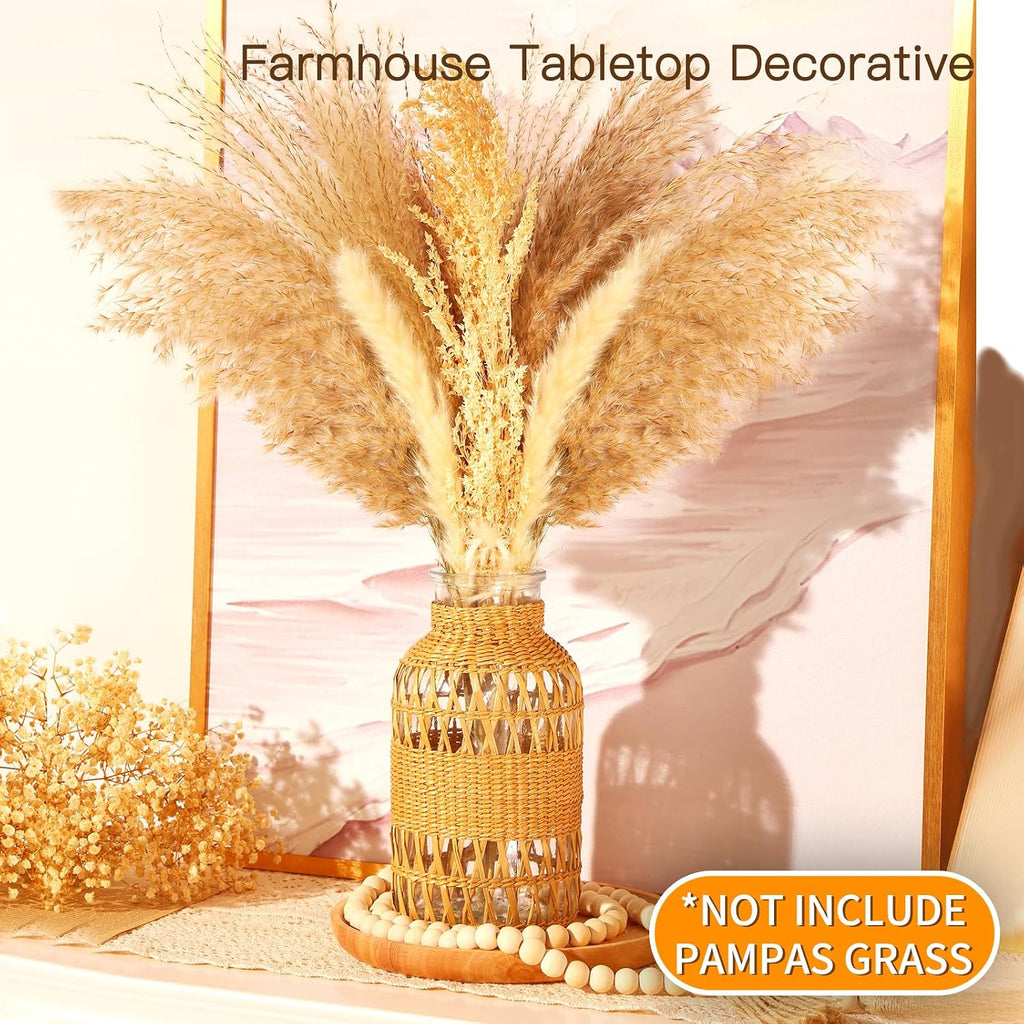 ZENS Rattan Boho Vase, Hand Woven Wicker Cover Glass Flower Vases for Pampas Grass, Artistic Boho Style Country Vase for Fall Flower Decor, Home Table Centerpiece, Farmhouse Decorative