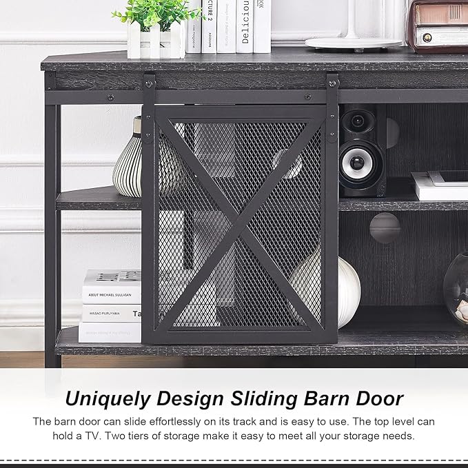 HOMISSUE Corner TV Stand for 55 Inch TV, Rustic Corner Entertainment Center with Storage, Industrial Media Console Table with Sliding Barn Door, Entertainment Center for Living Room, Grey