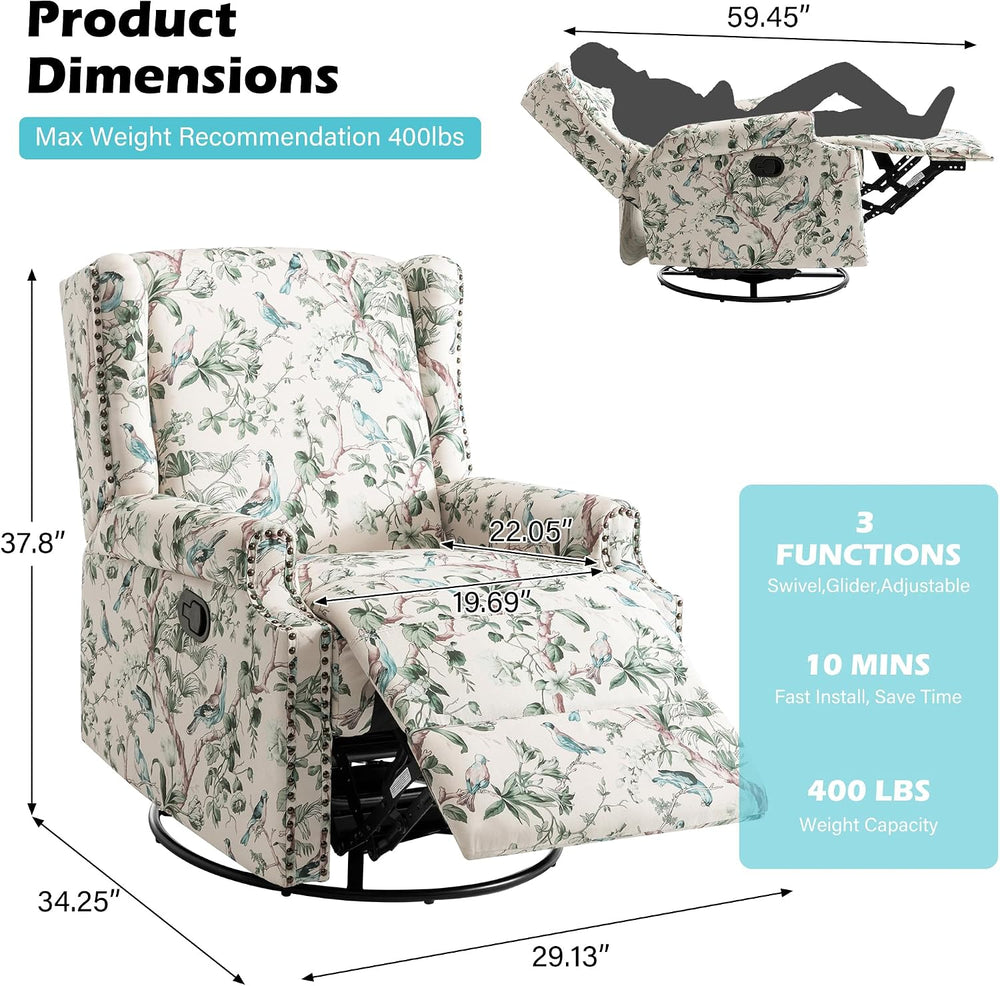 Swivel Glider Floral Recliner Chair, High Back Swivel Rocker Fabric Wingback ...