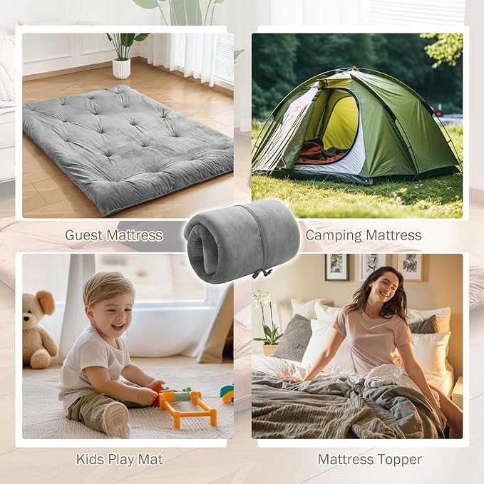 Japanese Floor Futon Mattress Queen Size 60"x 80", 2.5'' Thick Foldable Roll Up Floor Bed Sleeping Pad, 25D Foam Filled Tatami Mat with Straps for Guest Room, Dormitory & Camping, Grey